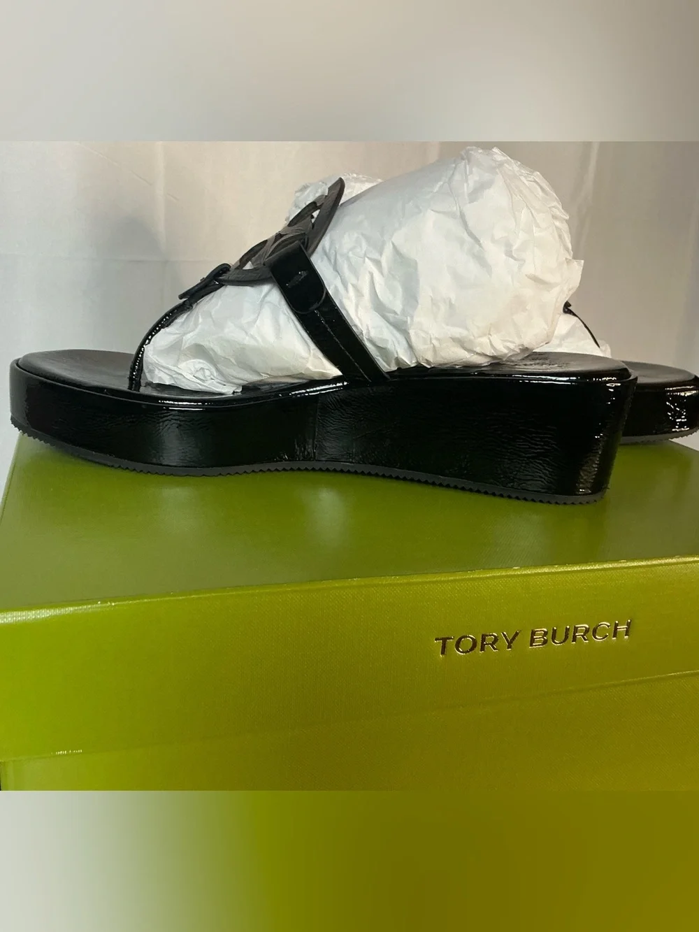 Tory Burch Black Patent Leather Wedge Sandals